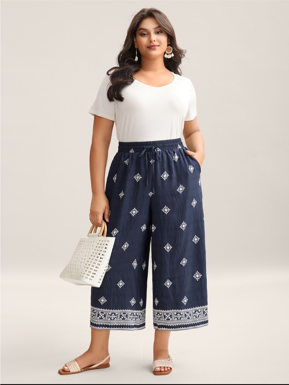 BloomChic Navy Cropped Wide-Leg Printed Pants size 1X (14-16)